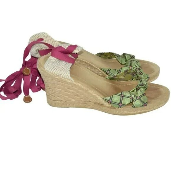 Vintage Crew Green Pink Ankle Tie Preppy Espadrilles Sandals Wedges High Heels 9 - Picture 1 of 6
